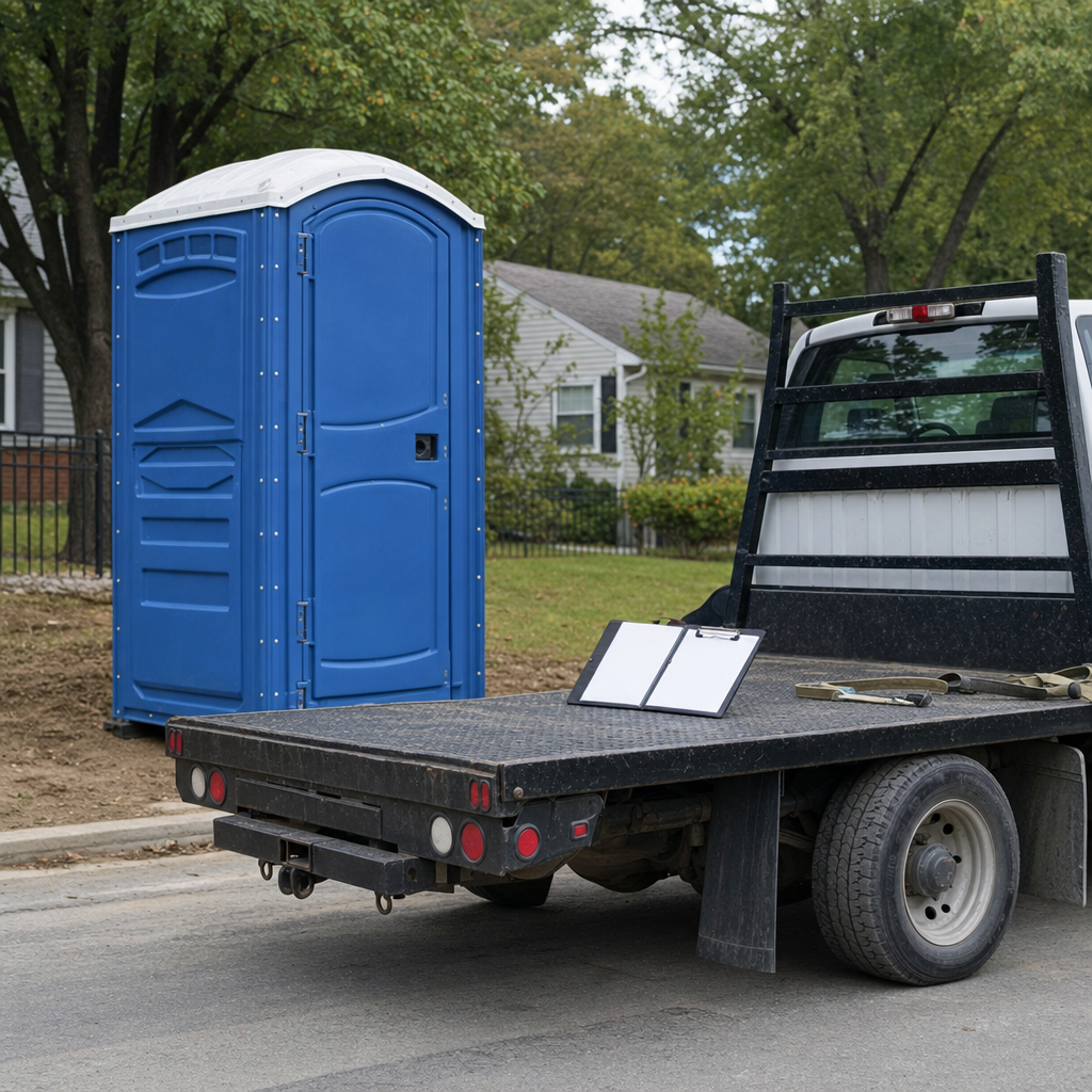 Portable toilet delivery technician confirming a service window on a clipboard next to a flatbed truck