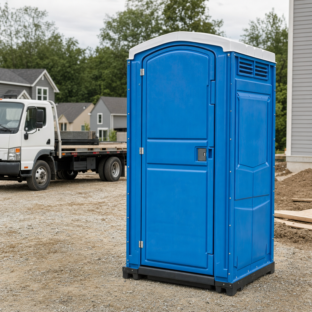 Delivery driver positioning a clean royal-blue portable toilet on level ground at a Fresno worksite