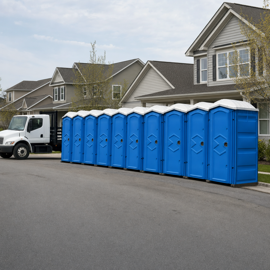 Royal blue portable toilets staged in a tidy row at a Fresno jobsite, ready for delivery